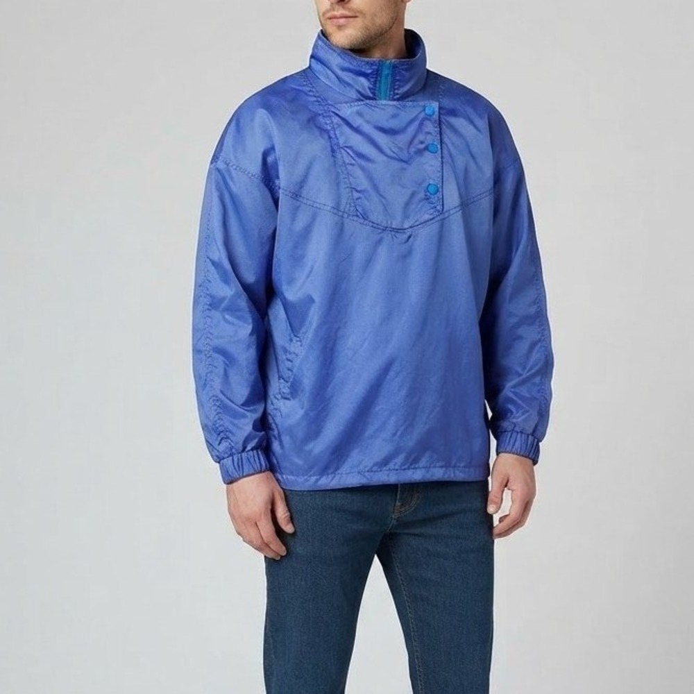 Vintage Windbreaker Pullover Mens Medium Blue Snap Neck Ripstop Anorak 90s Y2K